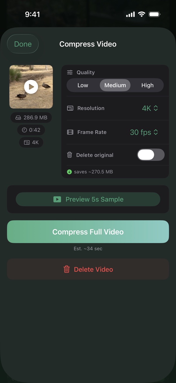 Dupie compression settings showing quality, resolution, and frame rate options