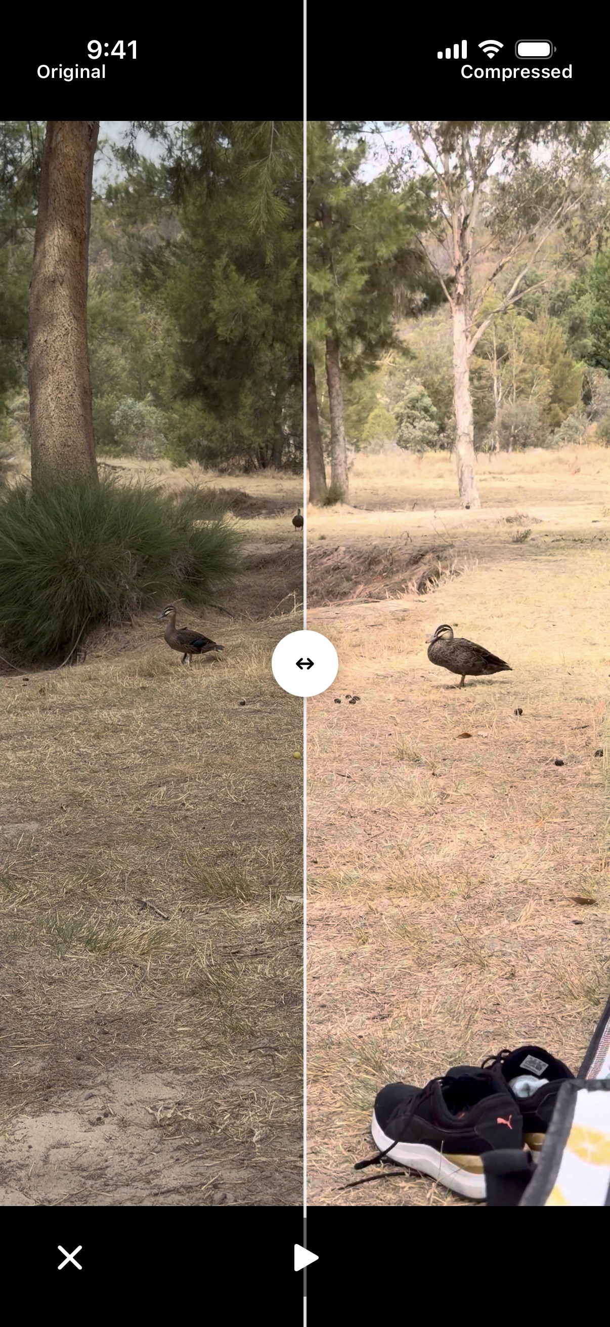 Dupie side-by-side preview comparing original and compressed video quality