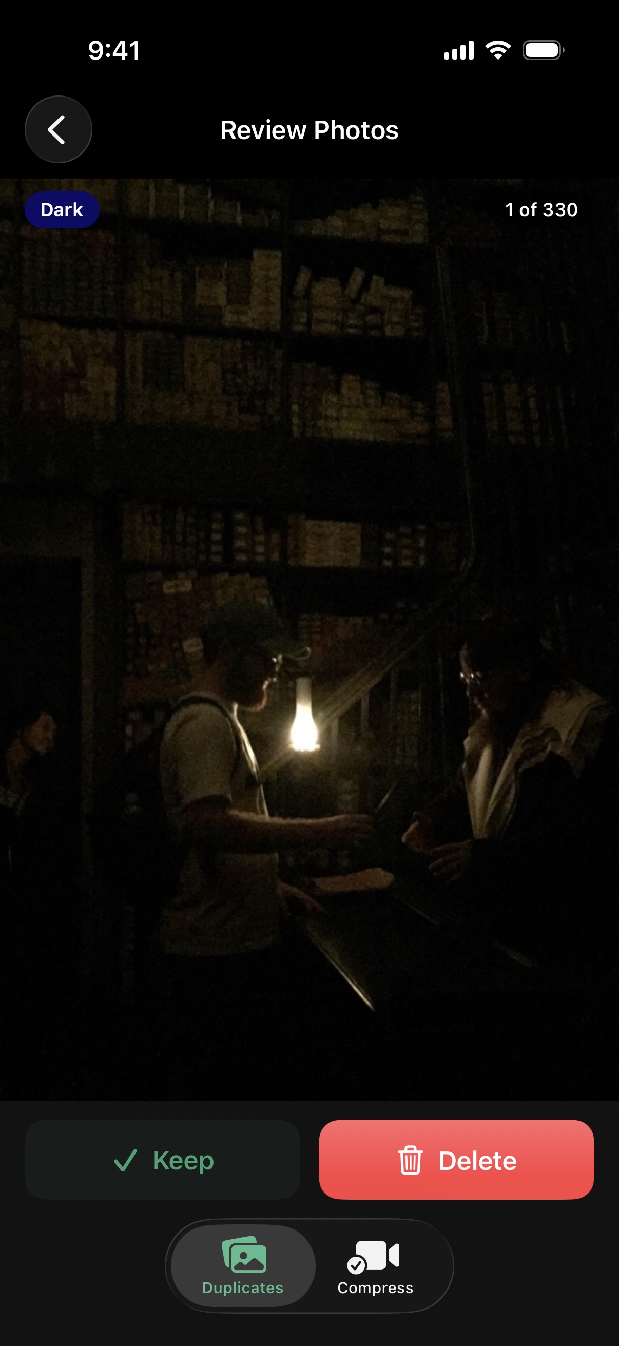 Dupie showing a flagged photo in the swipe-to-decide review interface