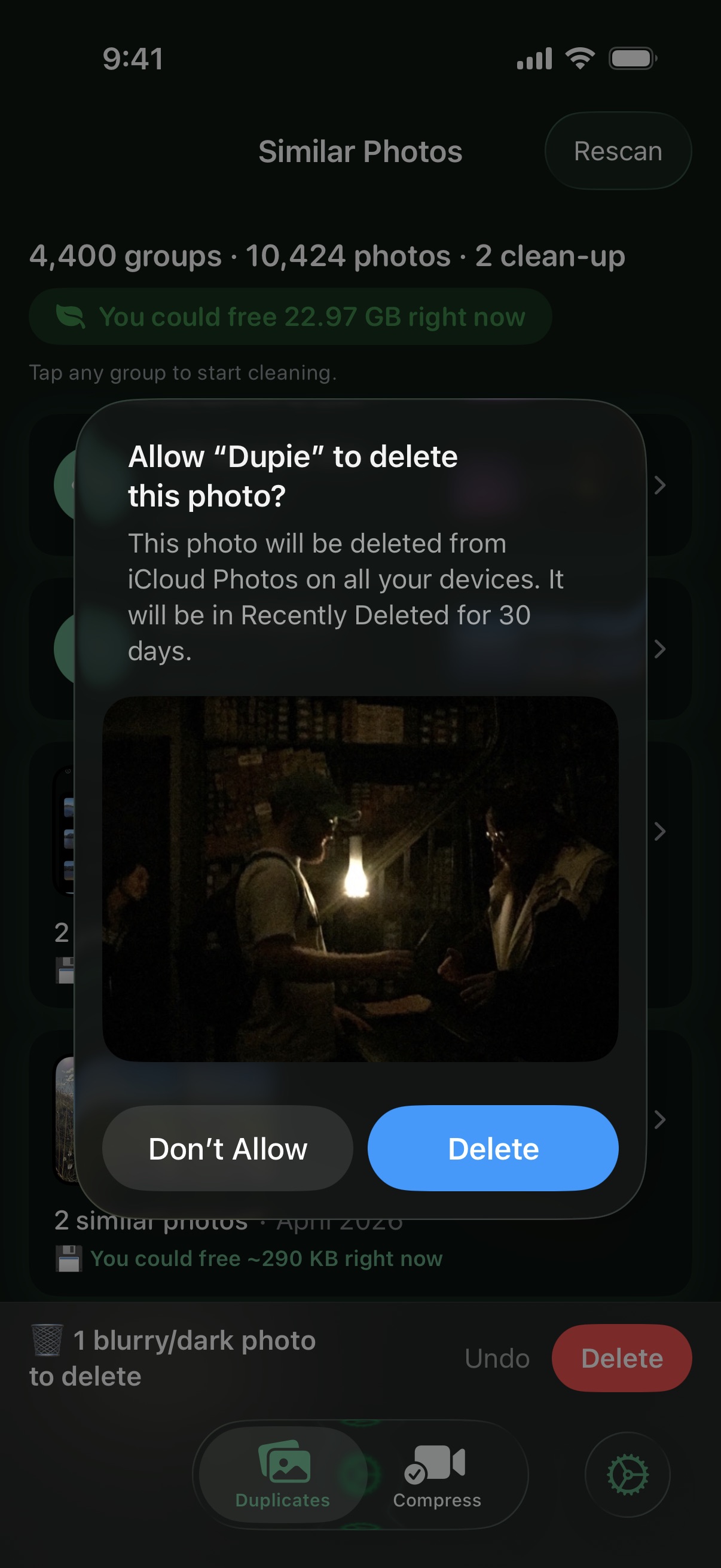 Dupie batch deletion confirmation screen