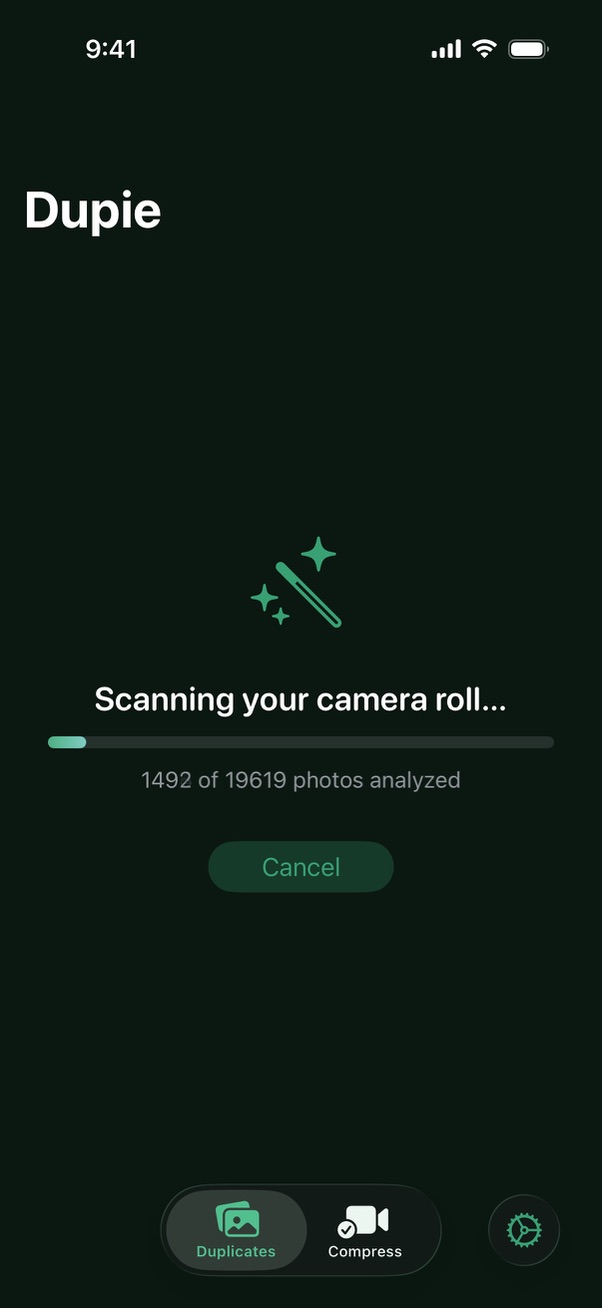 Dupie home screen showing the Scan for Duplicates button