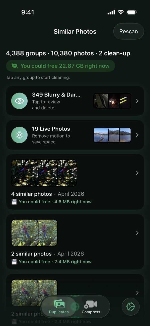 Dupie showing duplicate photo groups after scanning