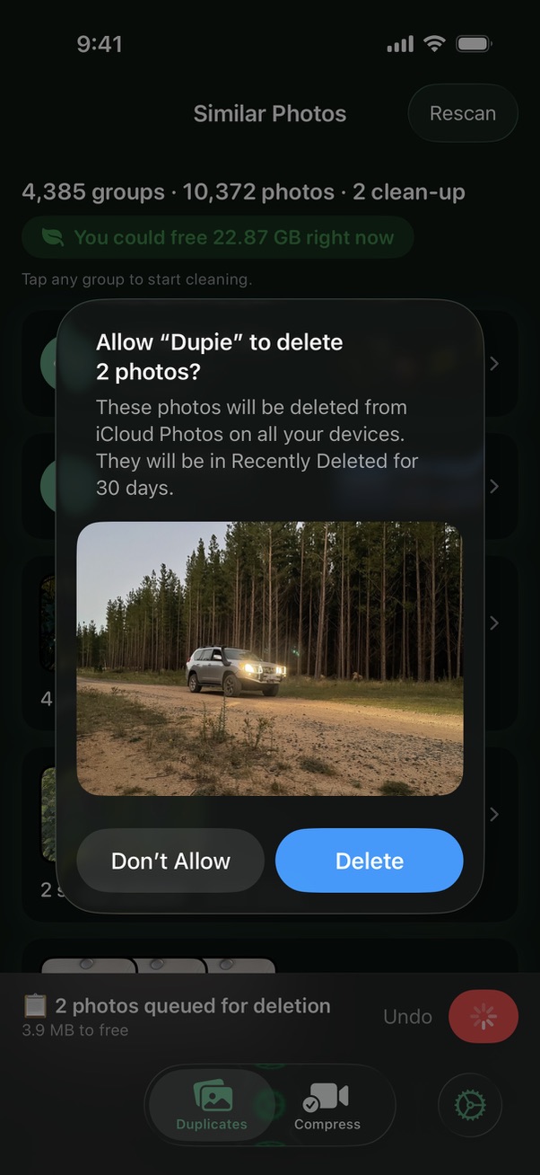 Dupie confirmation dialog before deleting duplicate photos