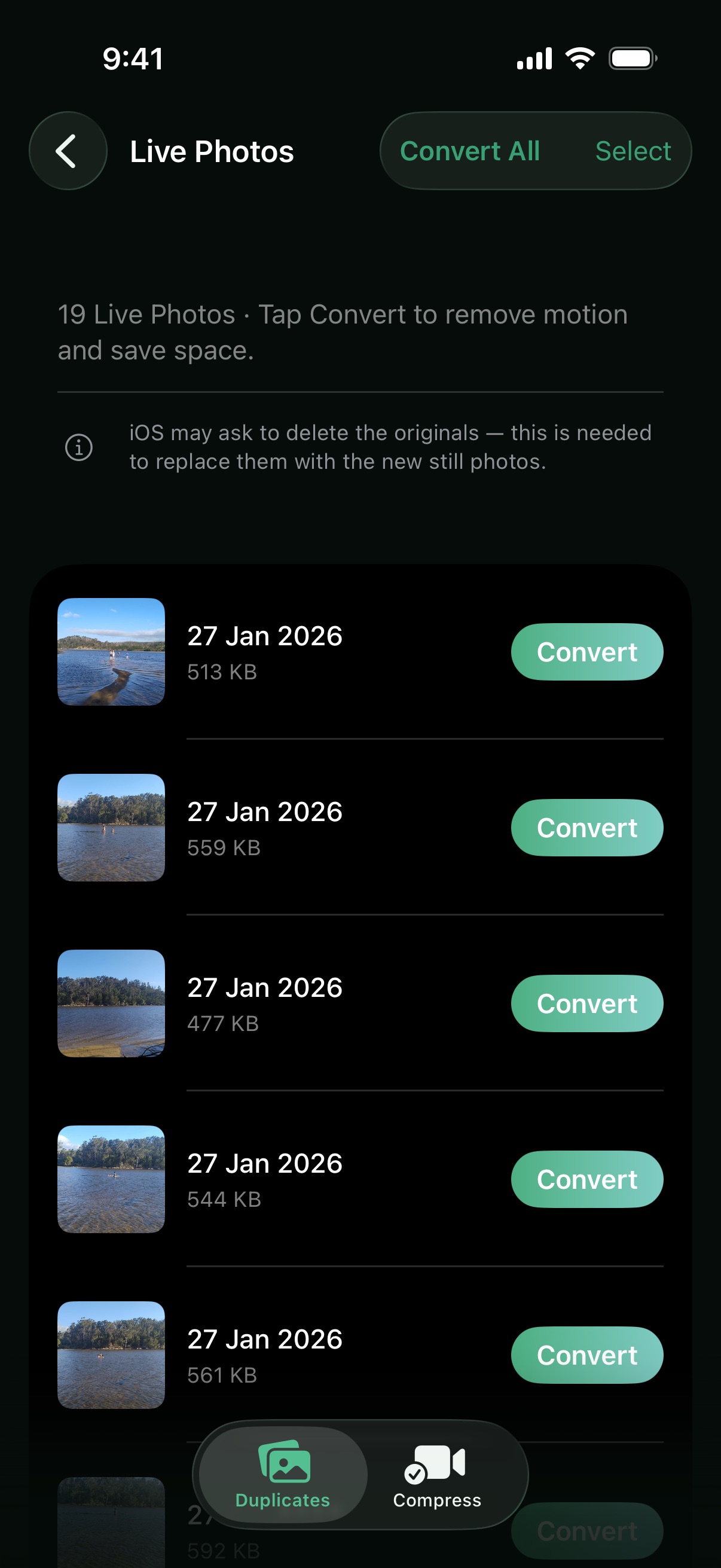Dupie showing Live Photos list with selection options