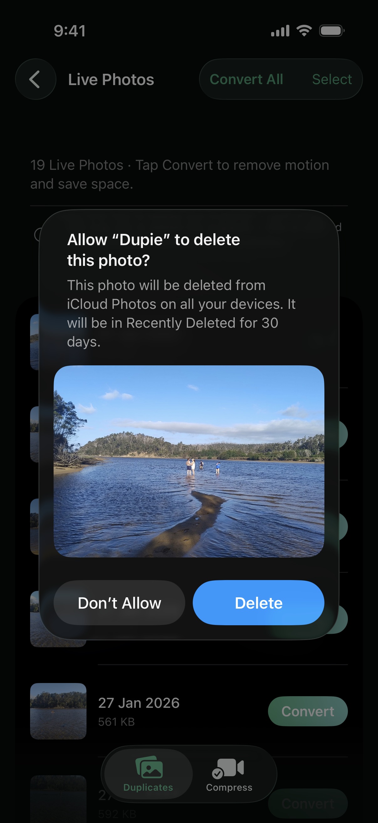 Dupie Convert to Still button with iOS confirmation prompt
