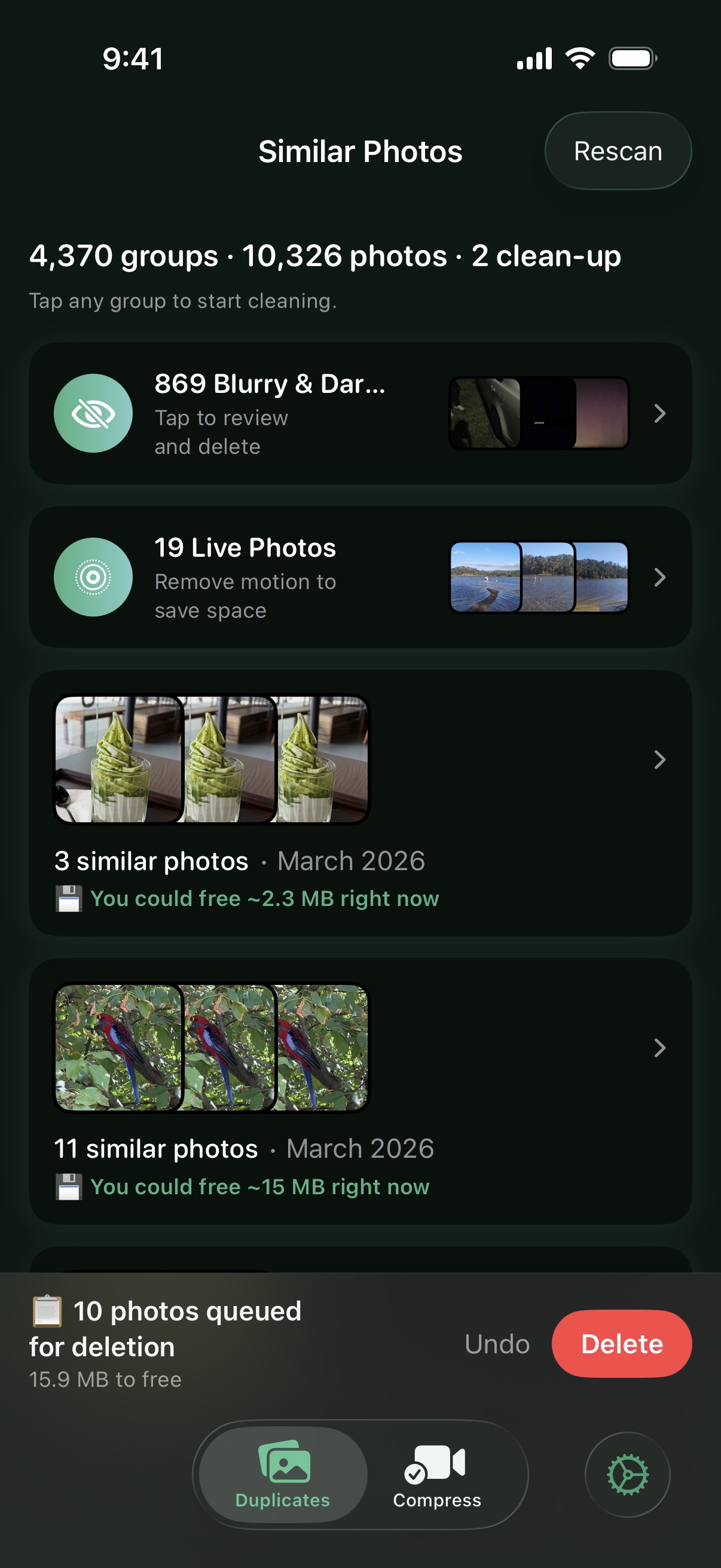 Dupie app showing 11 similar photos with the best shot highlighted